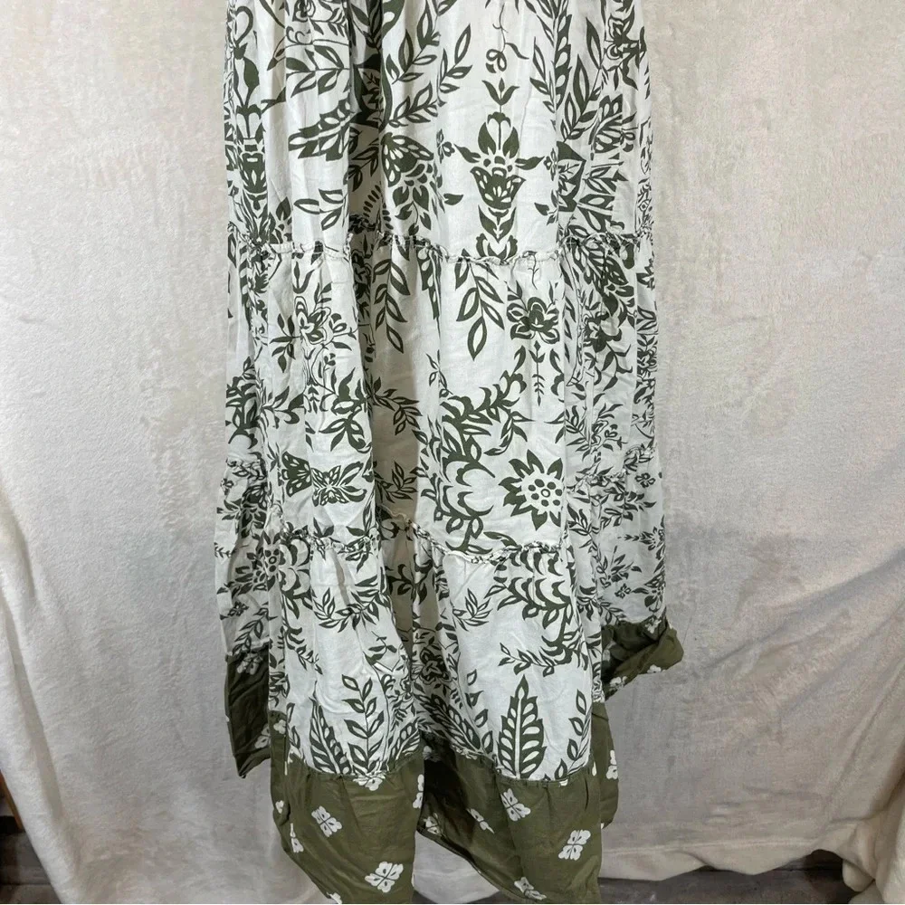 Y2k hippie floral summer midi dress halter neck green cream boho 100% cotton Med